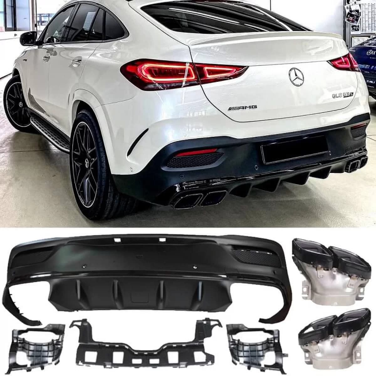 Rear Bumper Diffuser suitable for Mercedes-Benz GLE Coupe C167 SUV 2019+ A Design Look for a Design Sport Line Version Bumpers Set with Black Exhaust Tips