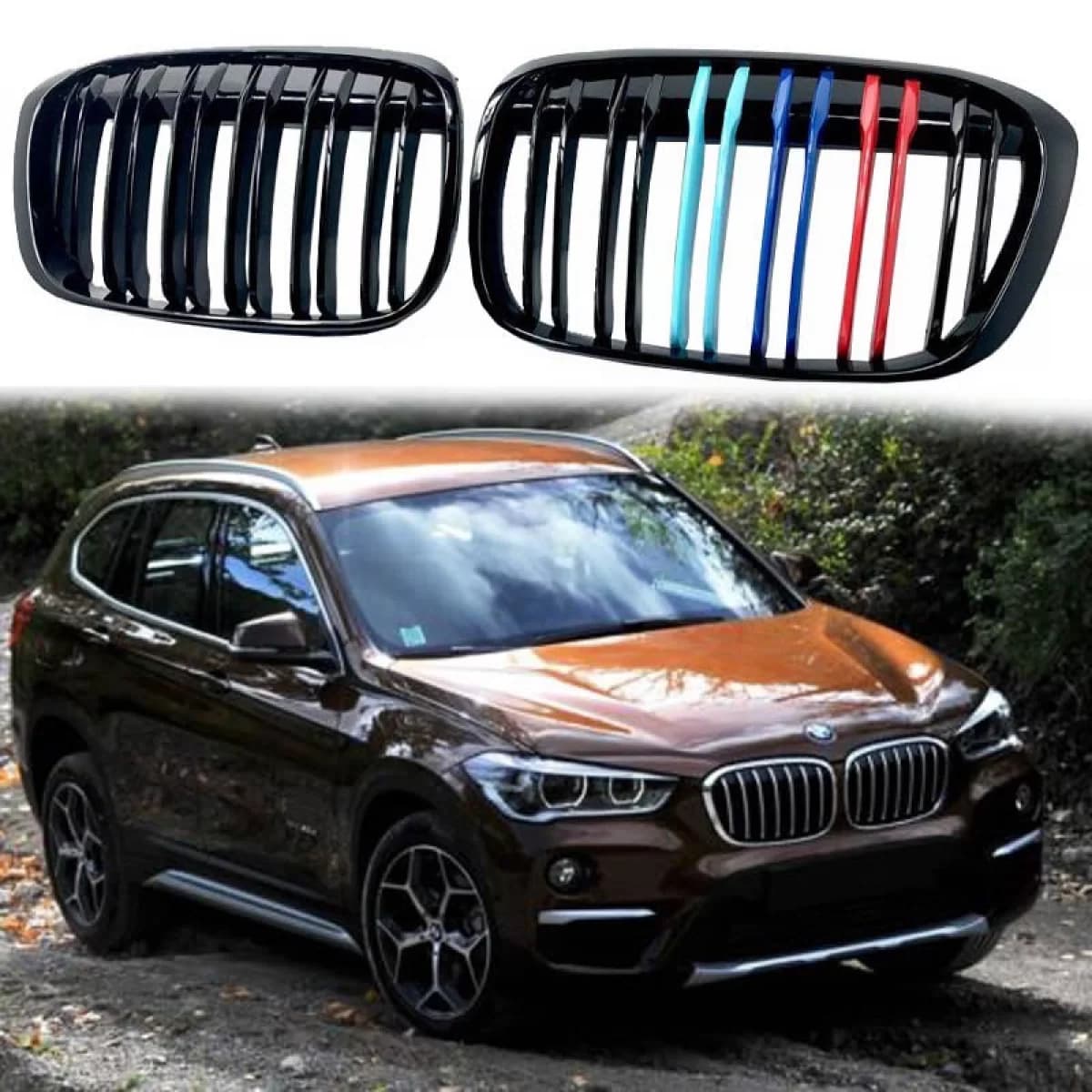 Front Grilles suitable for BMW X1 F48 14-19 M4 Look with Double Grille Tri-Color Glossy Black 2 Pcs