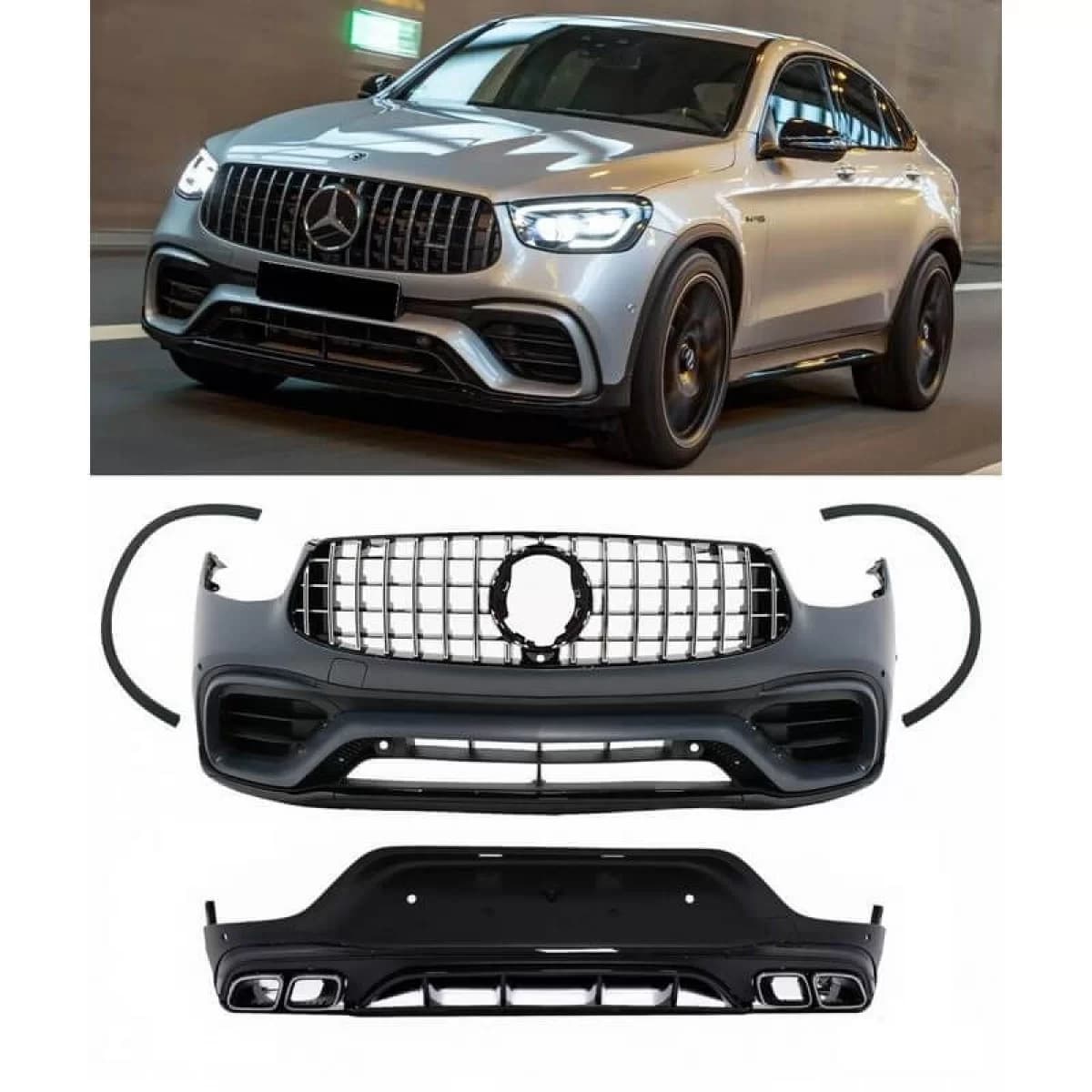 Body Kit suitable for Mercedes-Benz GLC Coupe Facelift C253 Sport Line (2020+) GLC63Amg Look with Bumpers, Grill, Exhaust Tips, Fender Flares