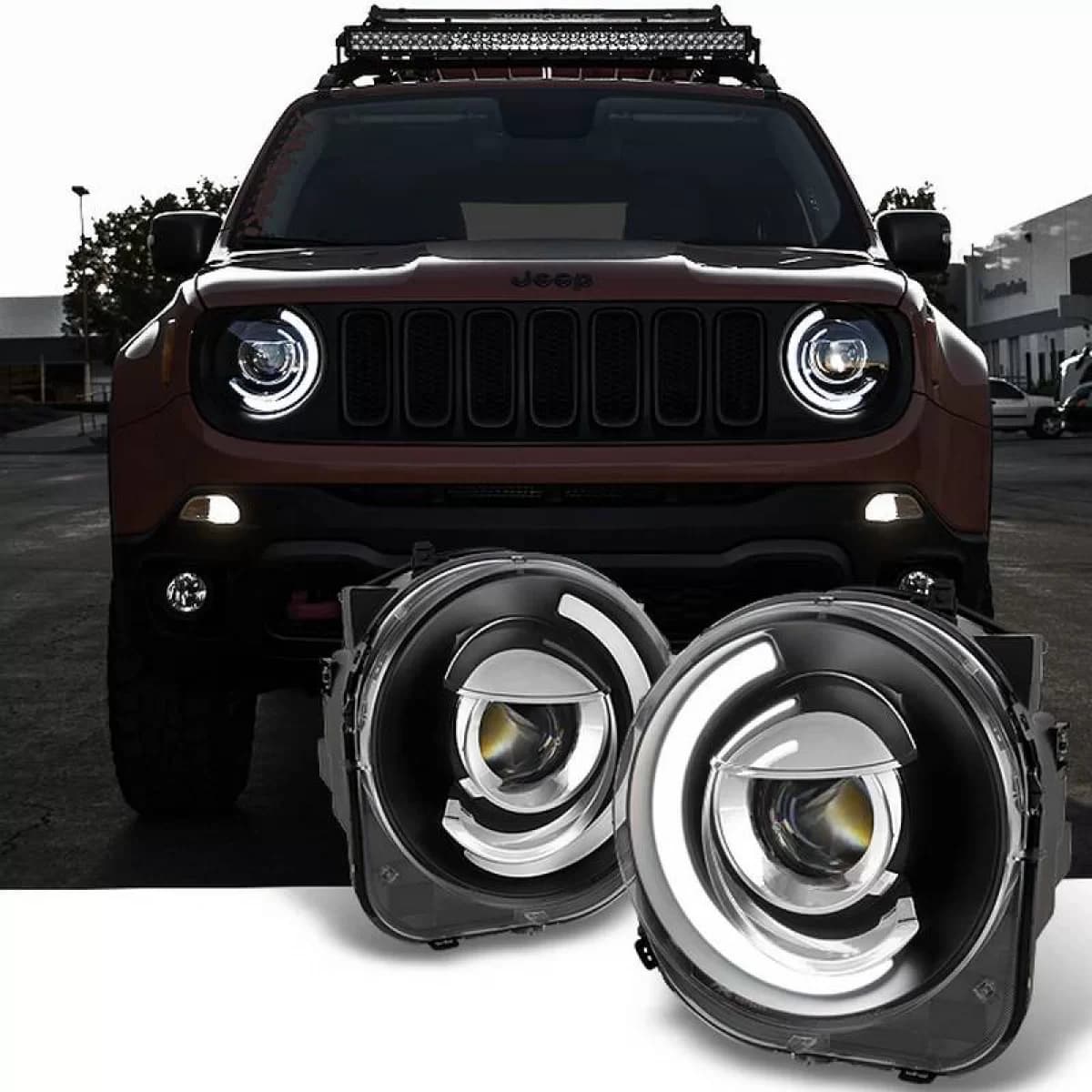 Headlights Set Suitable for Jeep Renegade 2014+ DRL Tube Lights Black H7 Manual Akkon