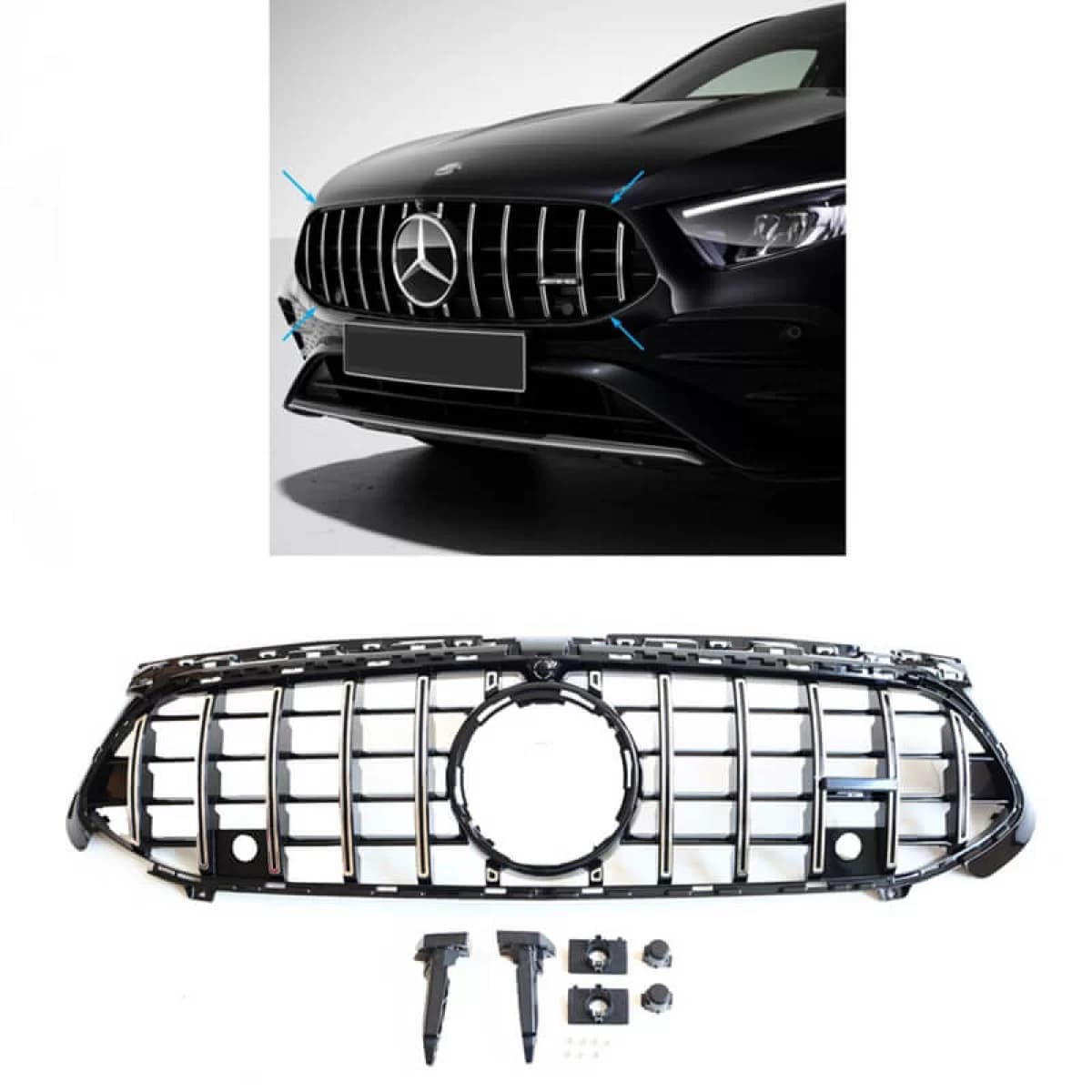 Front Grille suitable for Mercedes-Benz A-Class W177 Facelift 23+ GT A Design Panamericana Look Black/Chrome 1 Pc