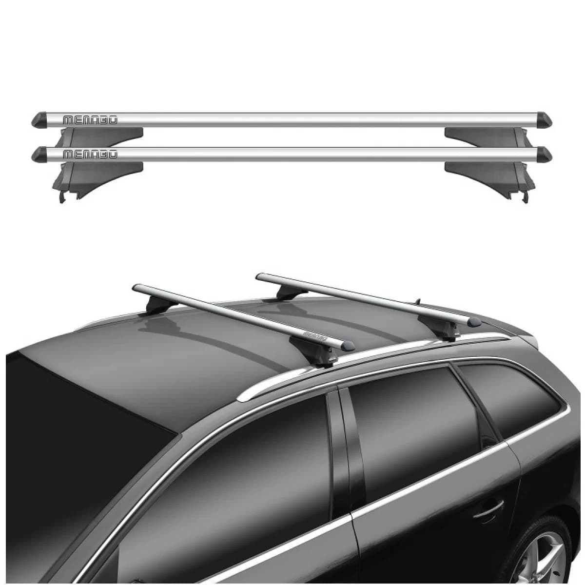 Roof Bars Aluminum Universal Menabo Tiger XL 132cm Railing System Set With Fixing Kit Silver 2 Pieces