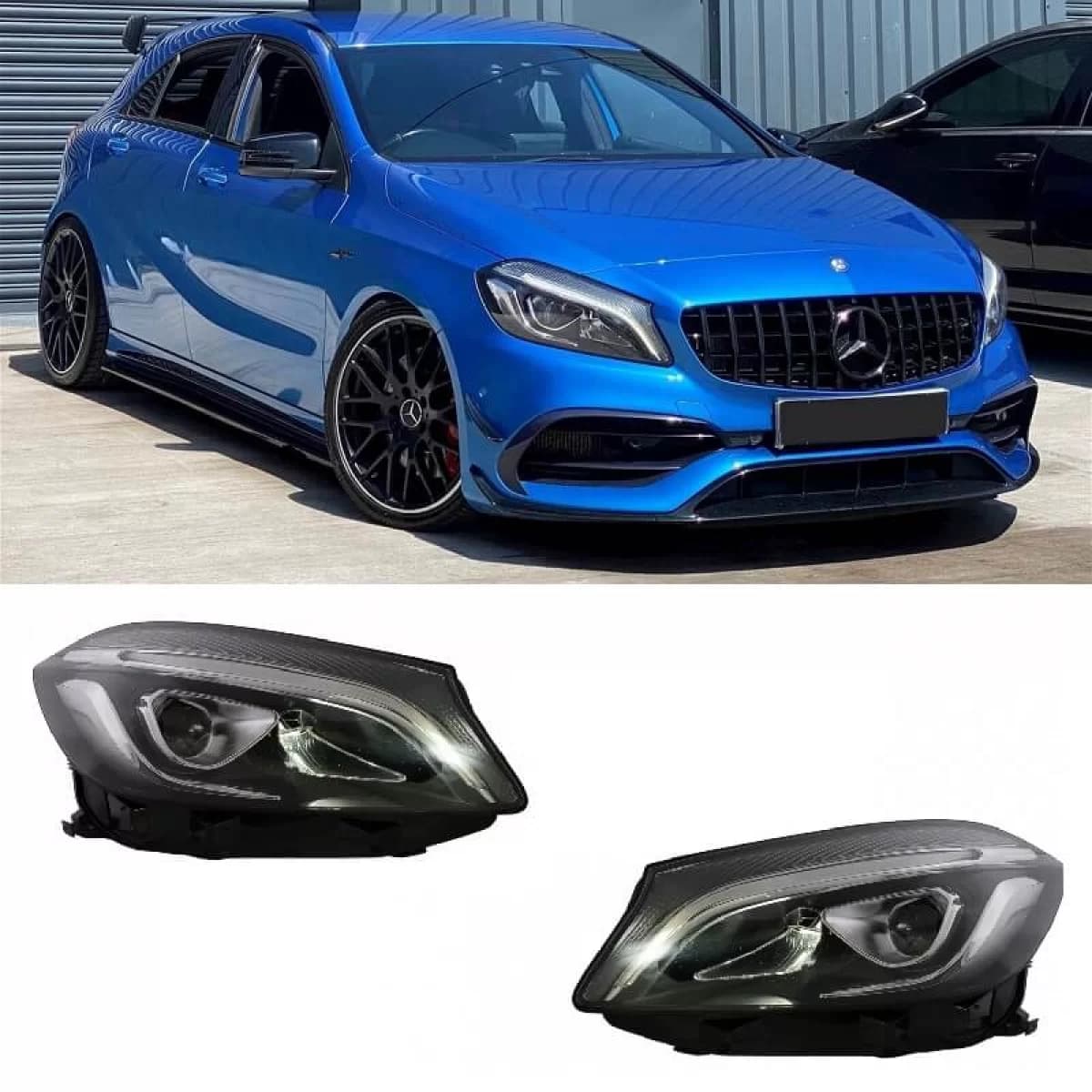 Headlights Set suitable for Mercedes-Benz A-Class W176 12-18 Halogen Upgrade To Facelift Look Black Full Led DRL With Motor Carner