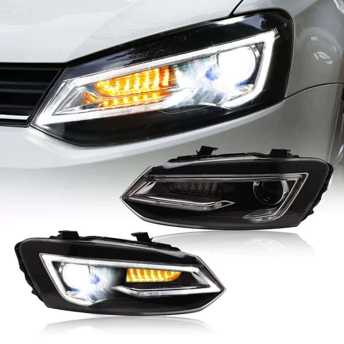Headlights Set Suitable for VW Polo 6R/6C 09-17 DRL Tube & Dynamic Signal H7 With Motor V-Land