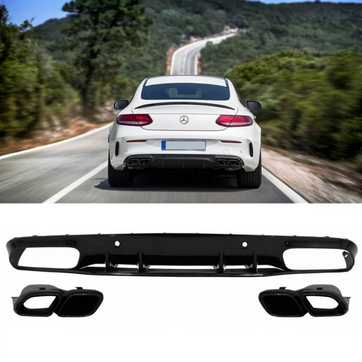 Rear Bumper Diffuser suitable for Mercedes-Benz C-Class C205 Coupe 14-21 A Design 63 Look With Black Exhaust Tips
